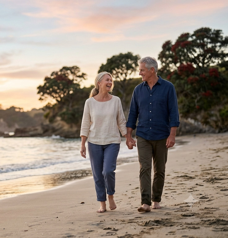 Active over 50 Kiwi senior couple smiling and dating in New Zealand - SeniorMatch NZ App